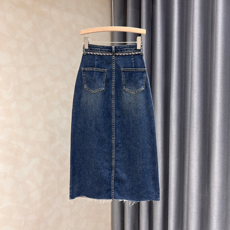 Raw edge slit denim skirt women's autumn new solid color all-match age-reducing slim retro high waist bag hip dress - EHAORUI