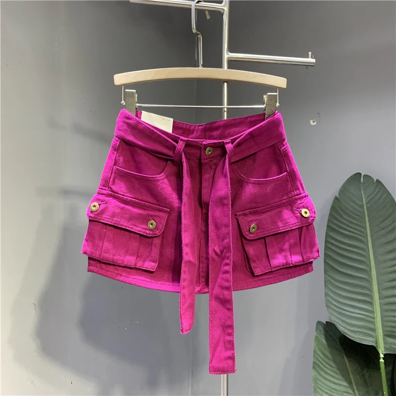 Internet celebrity trend fashion street dragon fruit color denim skirt 22 autumn personality three-dimensional pocket tooling skirt bag hip skirt - EHAORUI