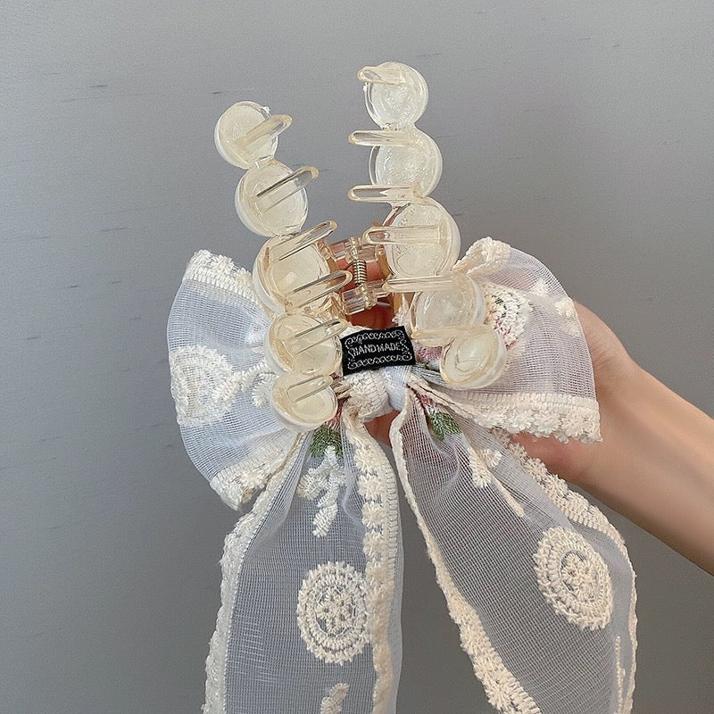 Small Fresh Lace Flower Bow Large Clip Women's Sweet Temperament Hairpin Super Fairy Internet Celebrity Hairpin Hair Accessories - EHAORUI