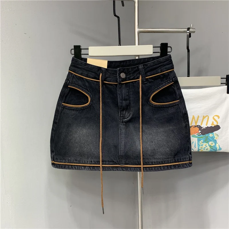 Original European products in spring 2023 new black slim denim skirt with contrasting colors and obvious decoration A-line skirt - EHAORUI