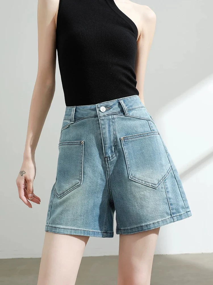 Light blue high waist denim shorts women's summer 2025 new style slim loose versatile straight wide leg hot pants thin - EHAORUI