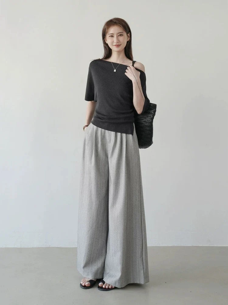 2025 summer new retro neutral style striped trousers straight casual trousers women's loose slim wide-leg trousers - EHAORUI