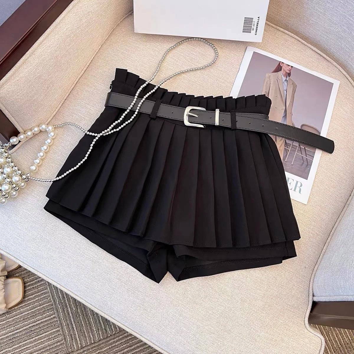 Slim high waist slim pleated shorts skirt women's summer white jk skirt 2023 new women's group A-line skirt - EHAORUI