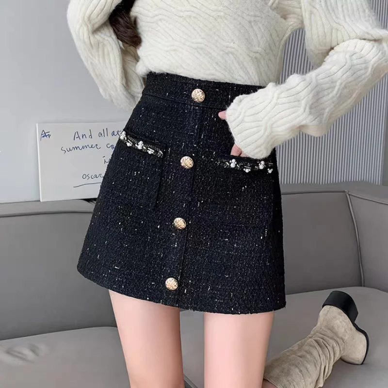 French-style small fragrance temperament bag hip skirt women's autumn and winter new high waist slimming all-match woolen a-line skirt - EHAORUI