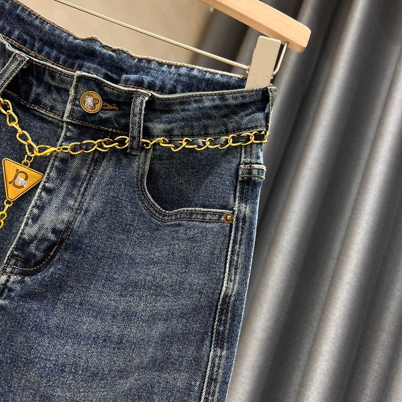 High waist denim skirt women's 2022 autumn new temperament thin ripped hole slit elastic a-line bag hip long skirt - EHAORUI