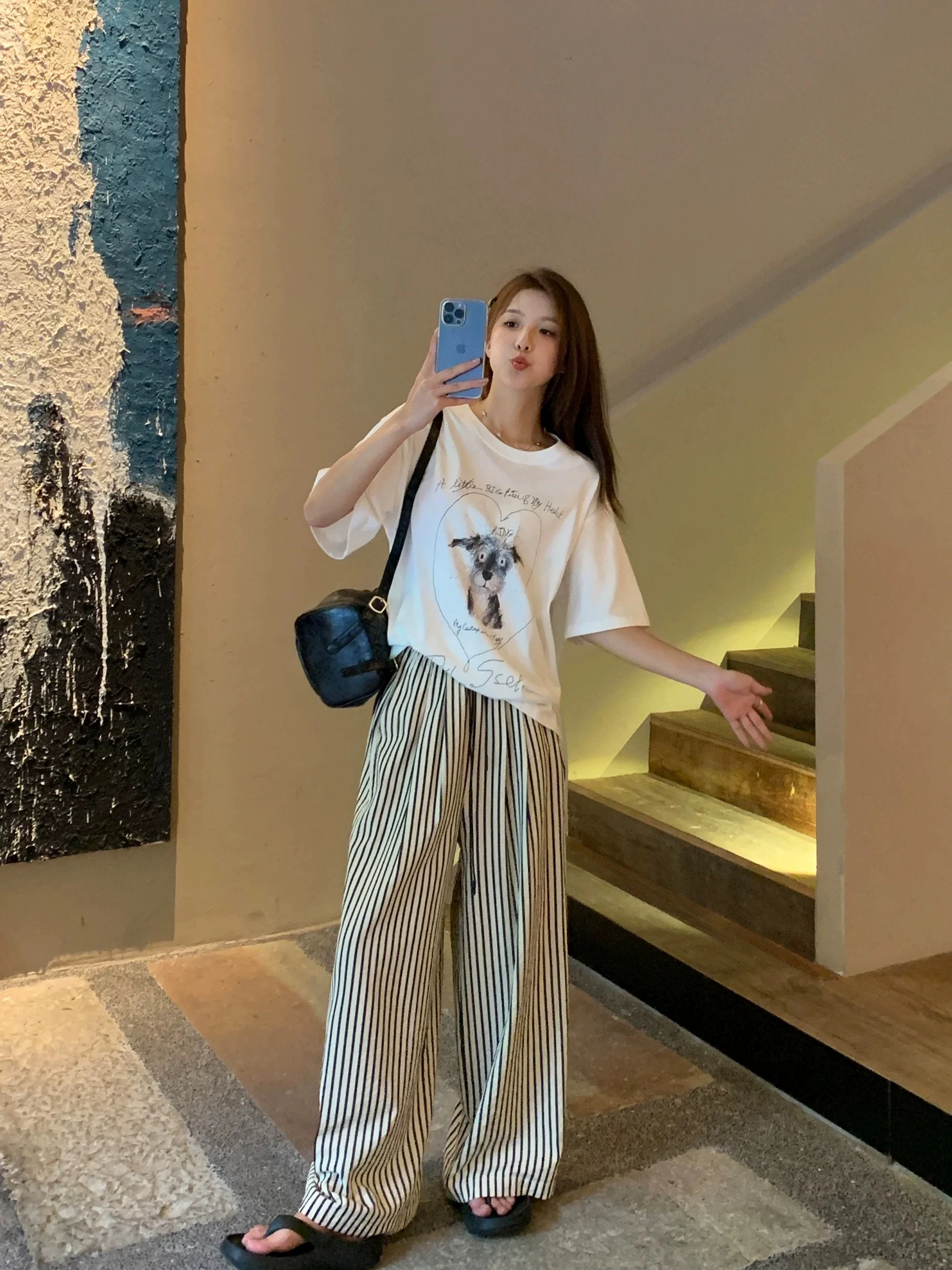 Ayi Lazy Stroll Loose Black and White Striped Pants Women's Summer Straight Pants Yamamoto Pants Casual Wide-leg Pants - EHAORUI