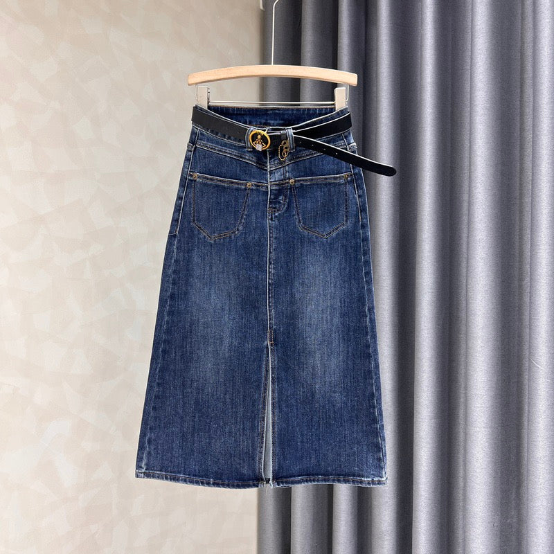 Front slit denim skirt women's 2022 autumn new style thin all-match high waist a-line bag hip dress - EHAORUI