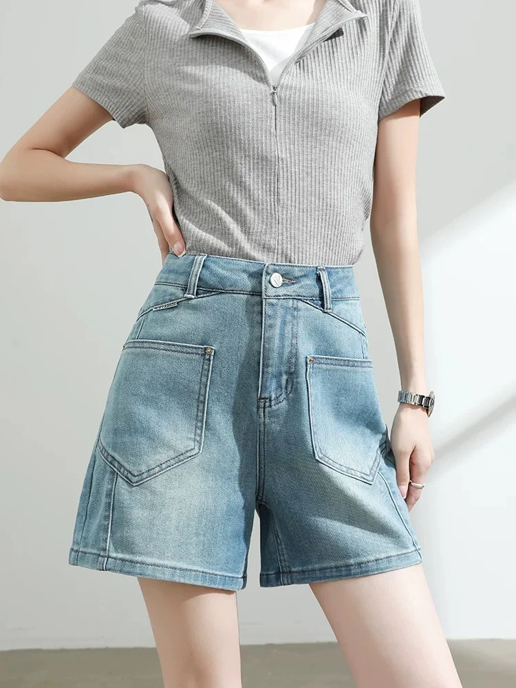 Light blue high waist denim shorts women's summer 2025 new style slim loose versatile straight wide leg hot pants thin - EHAORUI