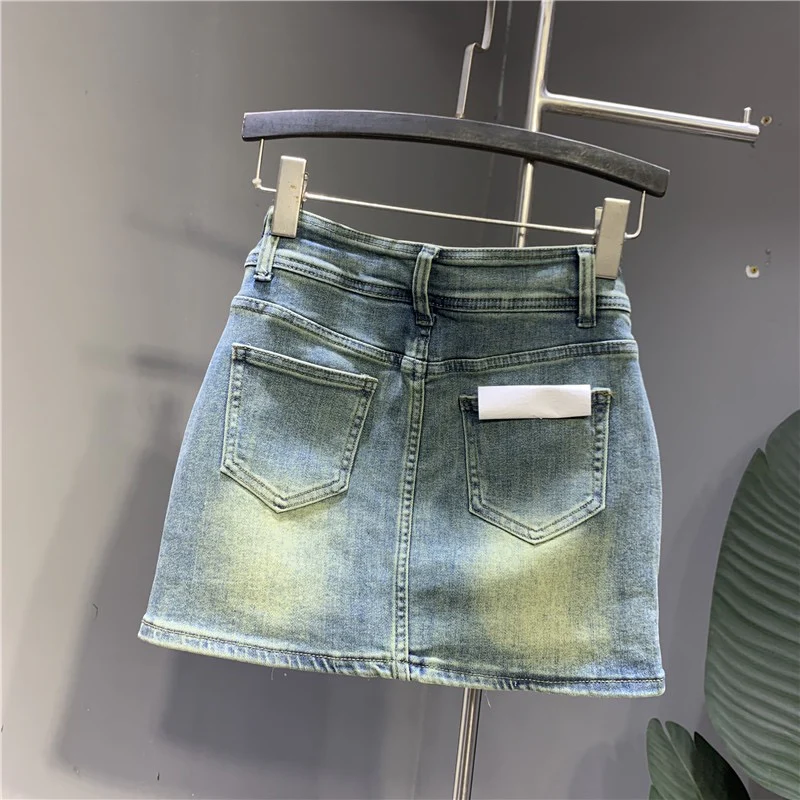 Retro denim skirt women's Hong Kong style hot girl hakama 2023 spring new high waist slimming a-line bag hip skirt - EHAORUI