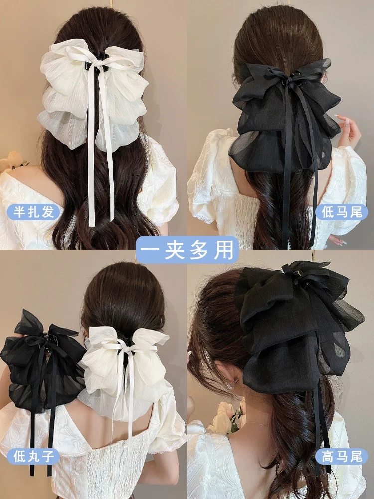 French gentle temperament bow ribbon grab clip showing face small back head hair clip shark clip hair accessories clip - EHAORUI