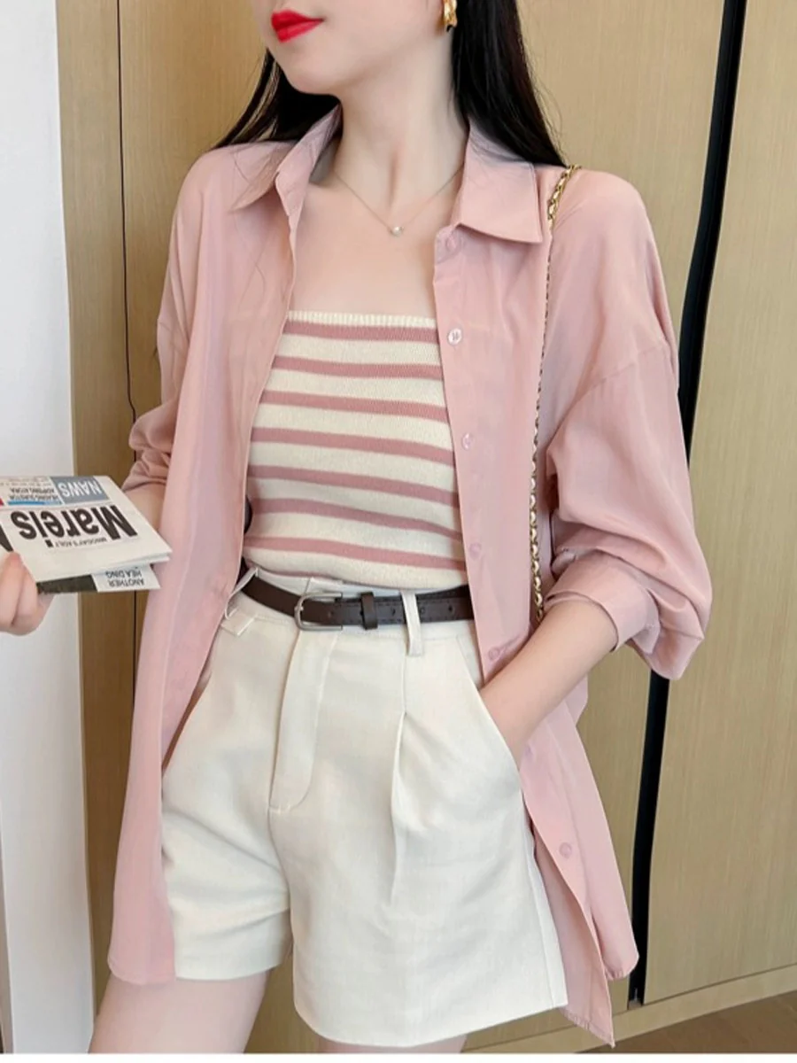 Chic and beautiful shirt for women 2024 new summer small sun protection shirt camisole vest can be salty or sweet two-piece set - EHAORUI