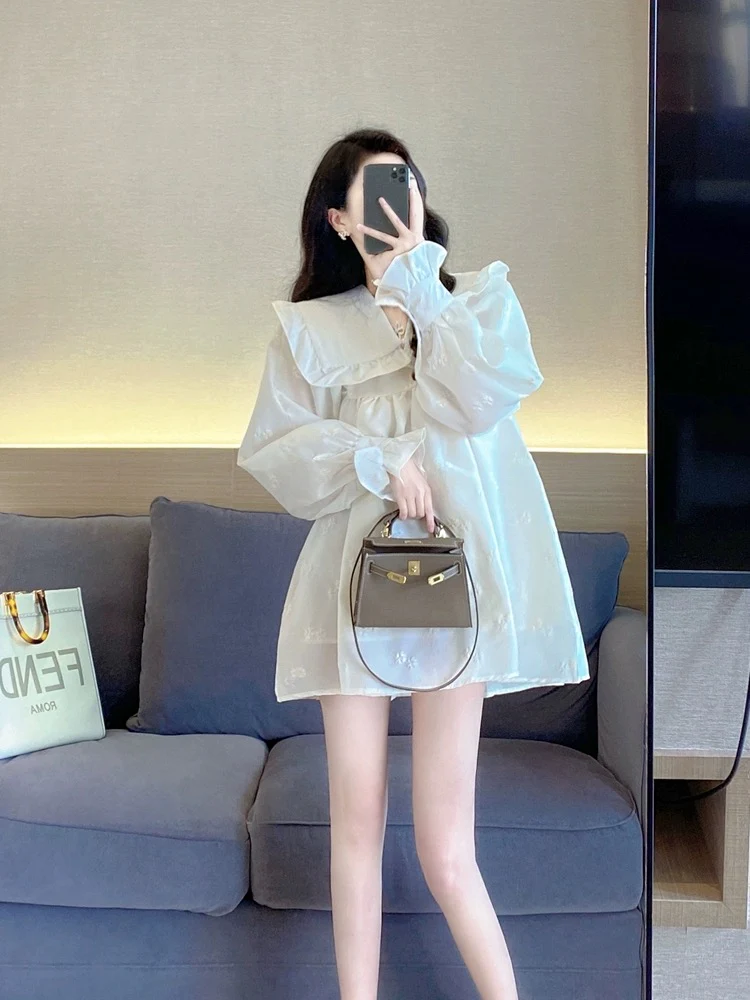 White baby doll dress 2023 new spring and autumn small loose large size temperament sweet fluffy a-line dress for women - EHAORUI