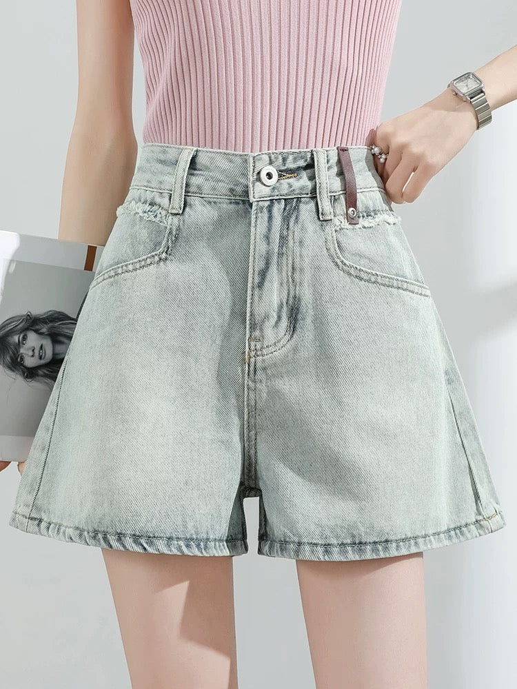 American contrast color denim shorts women's summer thin high waist slimming loose versatile hot girl wide leg A-line hot pants trend - EHAORUI