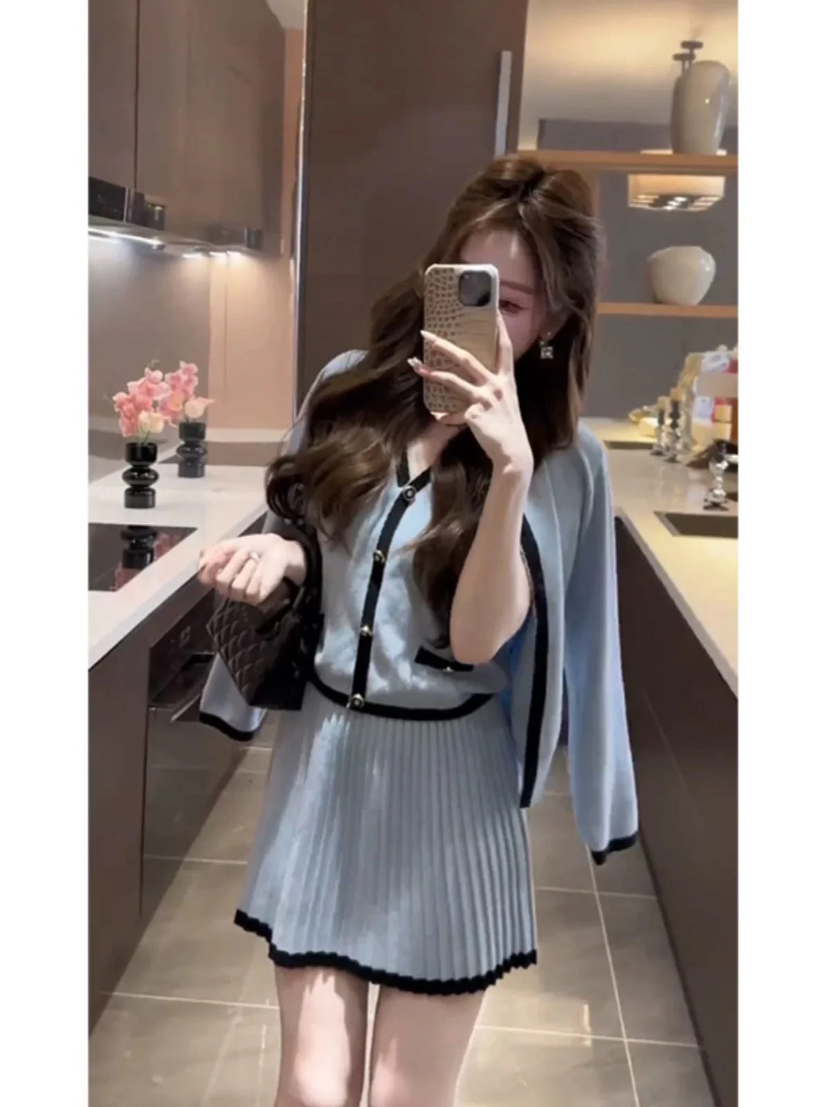Sweet and gentle style casual knitted suit for women 2024 autumn new sleeveless vest cardigan skirt three-piece suit - EHAORUI