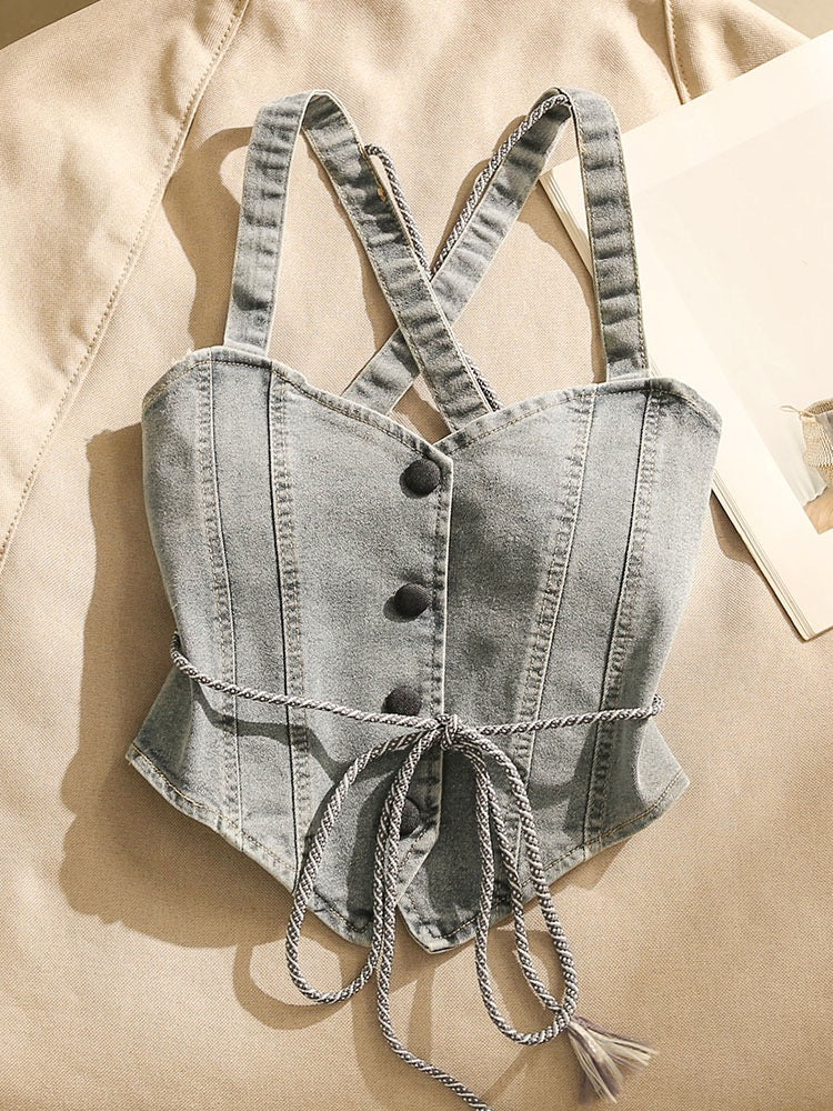 Spice Girls Cross Strap Denim Camisole Women's Inner Wear Sexy Summer Outerwear Design Short Tops - EHAORUI