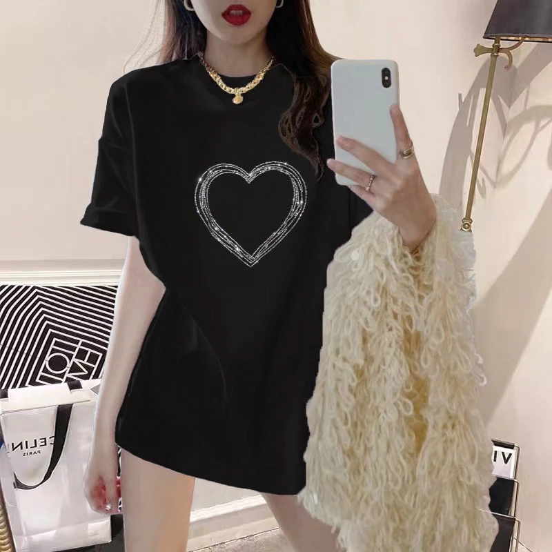 2023 new summer dress black t-shirt women hot diamond big love loose pure mid-length round neck short-sleeved top ins tide - EHAORUI