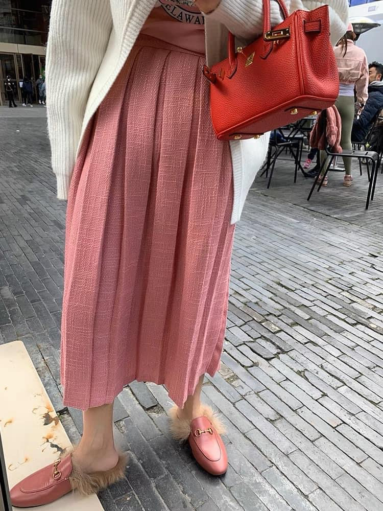 Luoluoxuanjie skirt women's autumn and winter 2021 new Korean version of the pink pleated skirt slim fit slim all-match A-line skirt - EHAORUI
