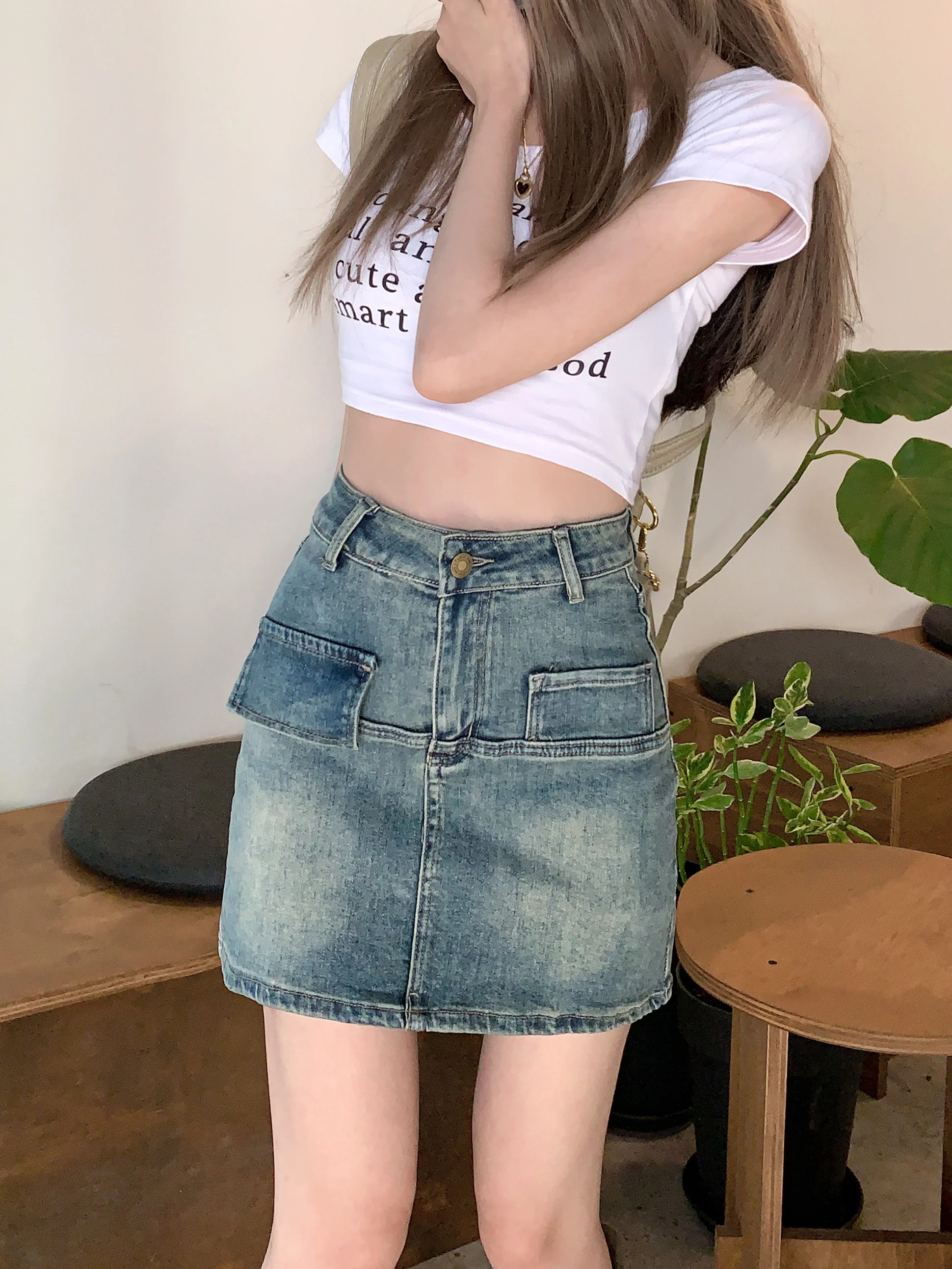 Spice Girl Retro Denim Skirt Women's Spring Elastic A-line Skirt Design Sense Skirt High Waist Bag Hip Skirt - EHAORUI