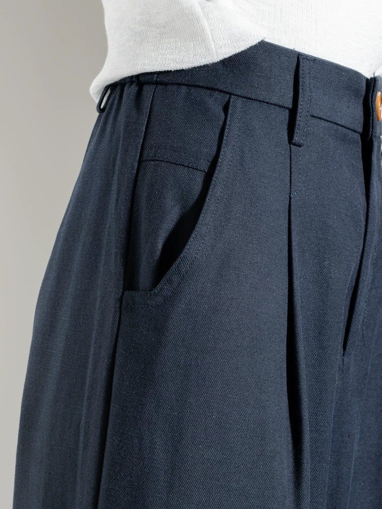 Commuter retro navy blue Tencel cotton rolled-edge casual pants for women autumn and winter elastic waist loose narrow version nine-point straight pants - EHAORUI