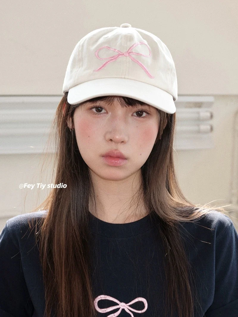 feytiy denim fashionable casual embroidered bow baseball cap for women spring and summer versatile peaked cap curved brim dome - EHAORUI