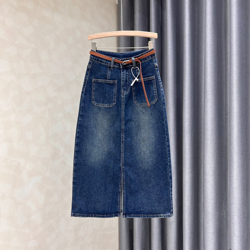 Dark washed denim skirt women's autumn new solid color all-match front slit high waist a-line bag hip long skirt - EHAORUI