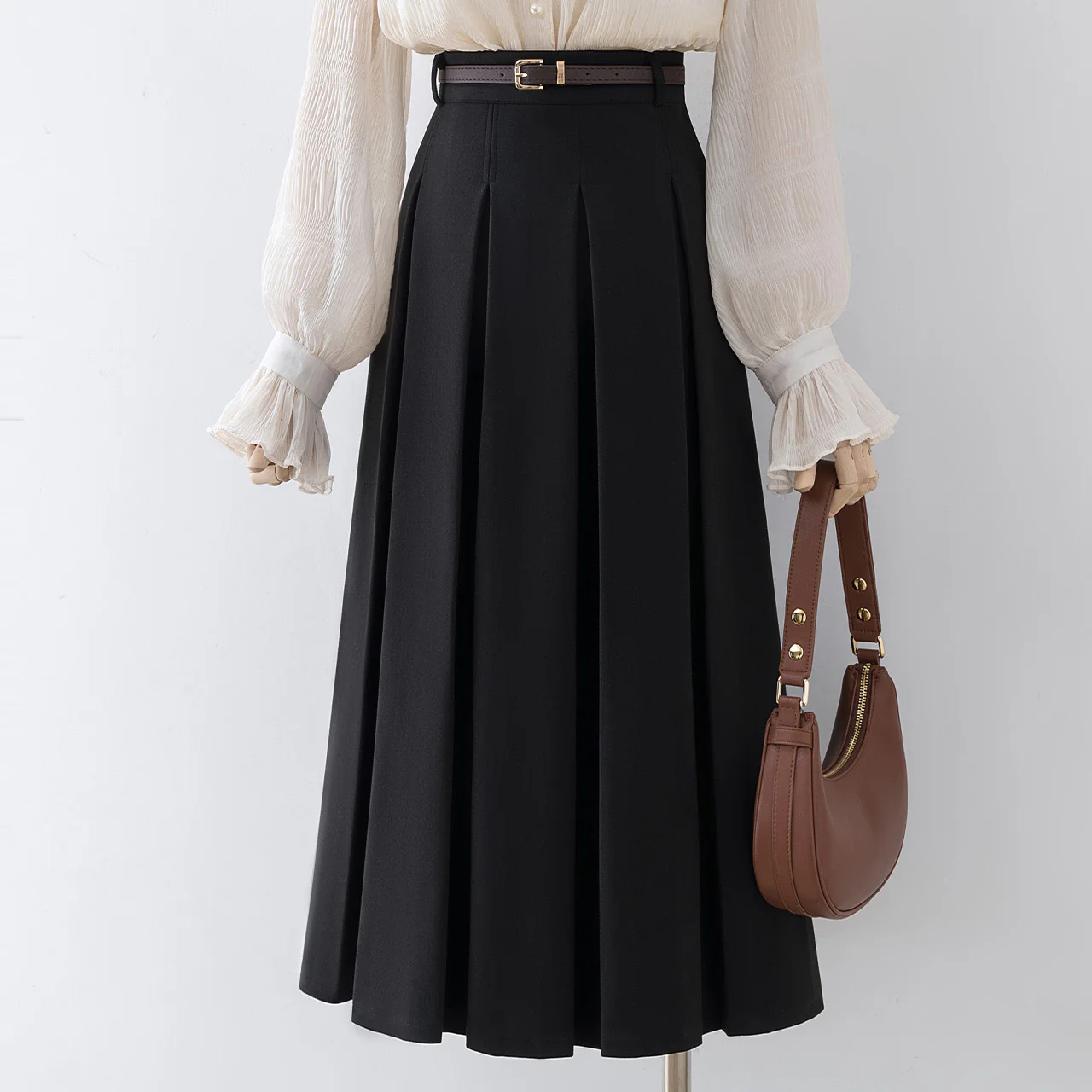 Black woolen skirt women's autumn and winter 2022 new high waist a-line skirt mid-length pleated skirt small man - EHAORUI