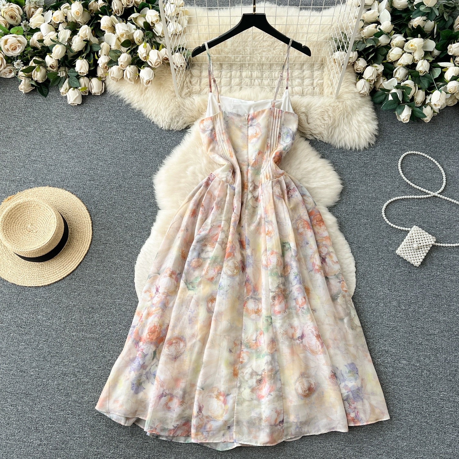 French floral chiffon suspender dress for women summer new high-waist slimming temperament super fairy style holiday long skirt - EHAORUI