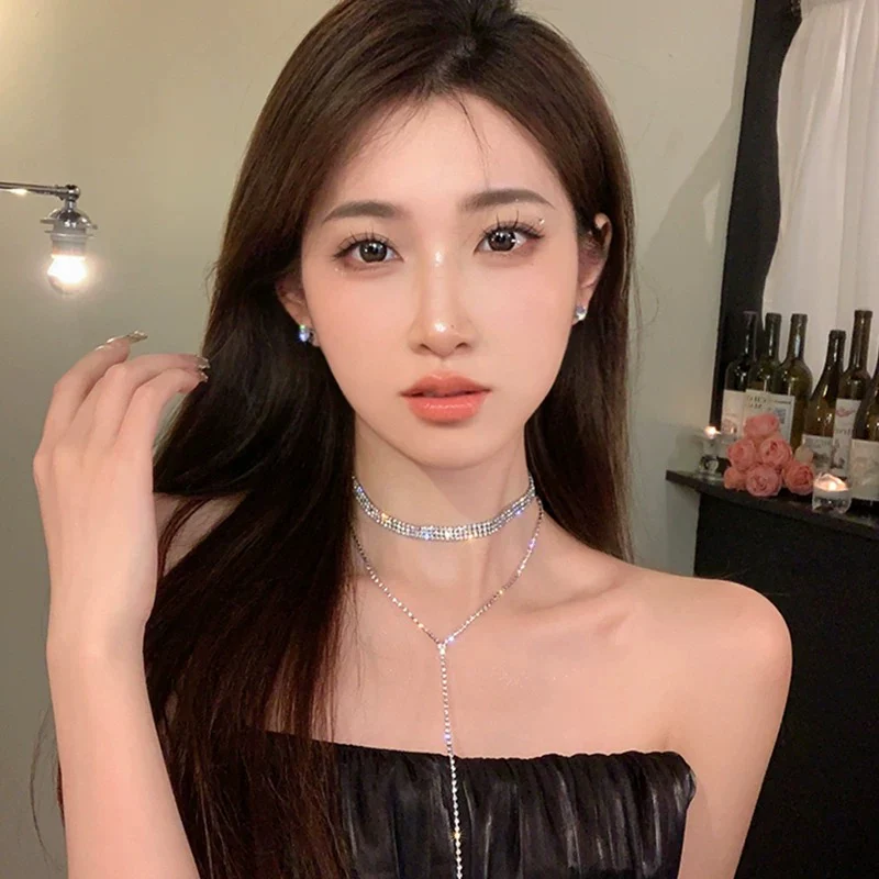 Attending a dinner together ~ full diamond super flash tassel necklace women's light luxury niche design chest chain advanced clavicle chain neck necklace - EHAORUI