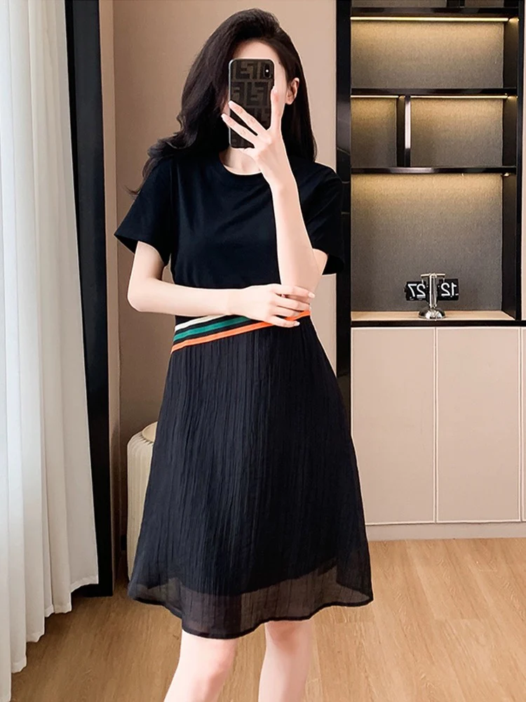 2024 new summer Korean style fashionable loose slim casual dress spliced with contrasting chiffon little black skirt - EHAORUI