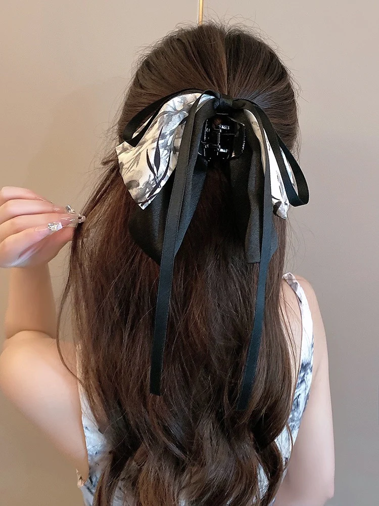New Chinese style hair accessories ink painting bow ribbon hairpin ancient style half-tied hair back of the head ponytail grabber headdress for women - EHAORUI