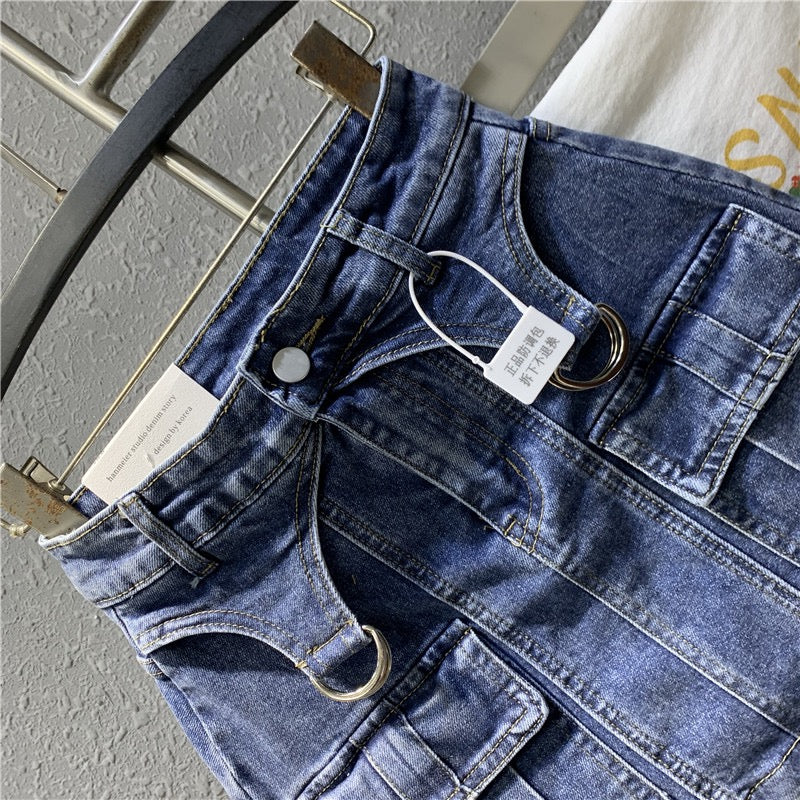 Original European goods 2023 spring new hot girl blue elastic denim bag hip skirt high waist small a-line skirt - EHAORUI