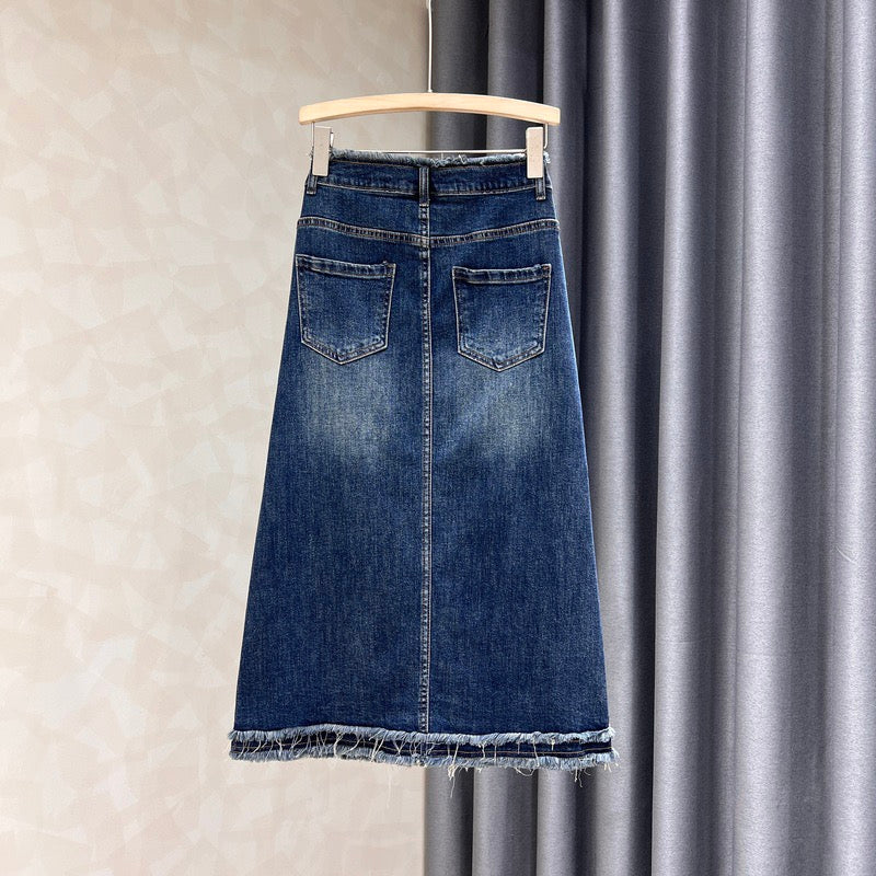 Design sense denim skirt women's spring and summer new washed white fur edge high waist slim a-line bag hip long skirt - EHAORUI