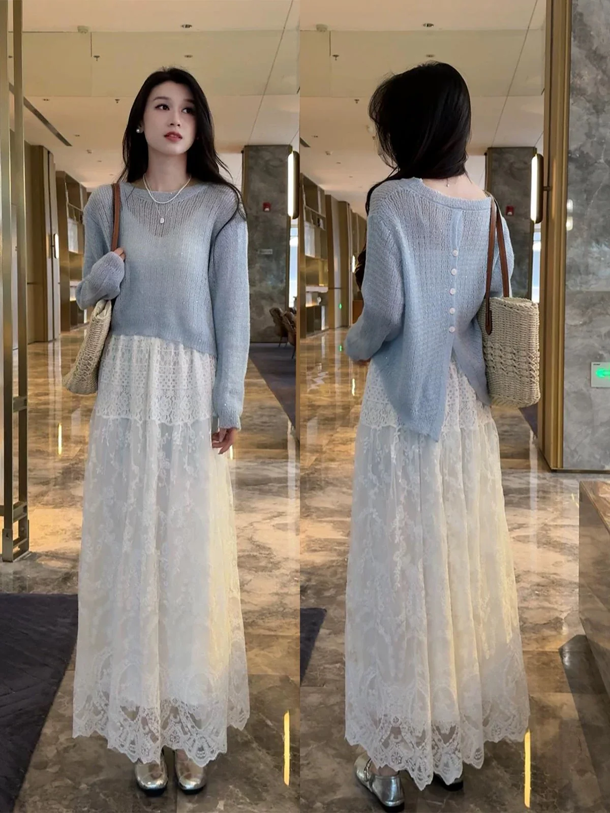 Back button design shiny silk long-sleeved blouse top lace skirt two-piece suit women's early spring new suit - EHAORUI