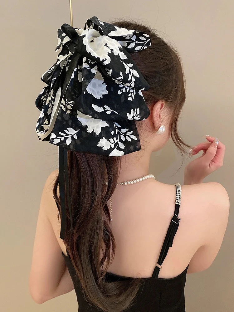 Retro Printed Bow Clip Women's High-Level Elegant Ribbon Hairpin Back of Head 2023 New Korean Style Hair Accessories - EHAORUI