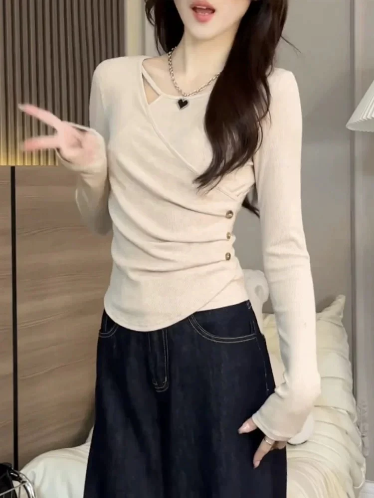 Korean hot girl style irregular long-sleeved T-shirt for women in autumn and winter, high-end slim short bottoming shirt top - EHAORUI