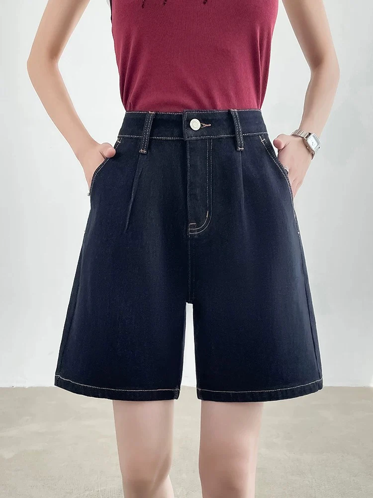 White four-way stretch denim shorts women's summer thin high waist A-line loose slim wide leg loose five-point pants - EHAORUI