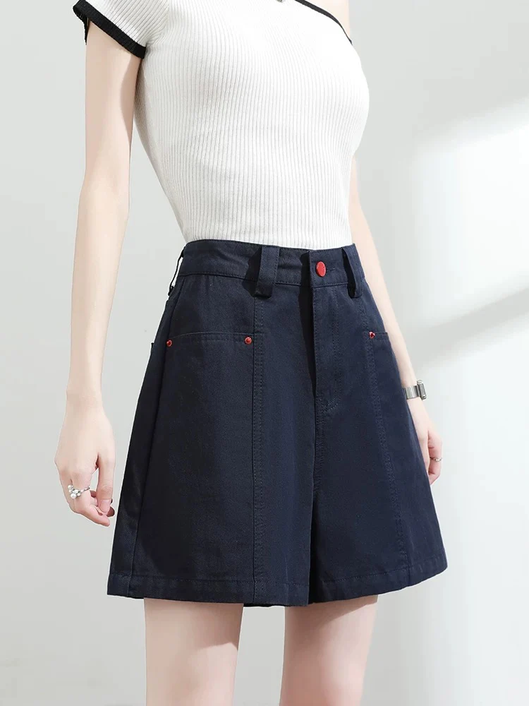 100% cotton denim shorts women 2025 summer thin high waist loose slim navy blue wide leg a-line hot pants - EHAORUI
