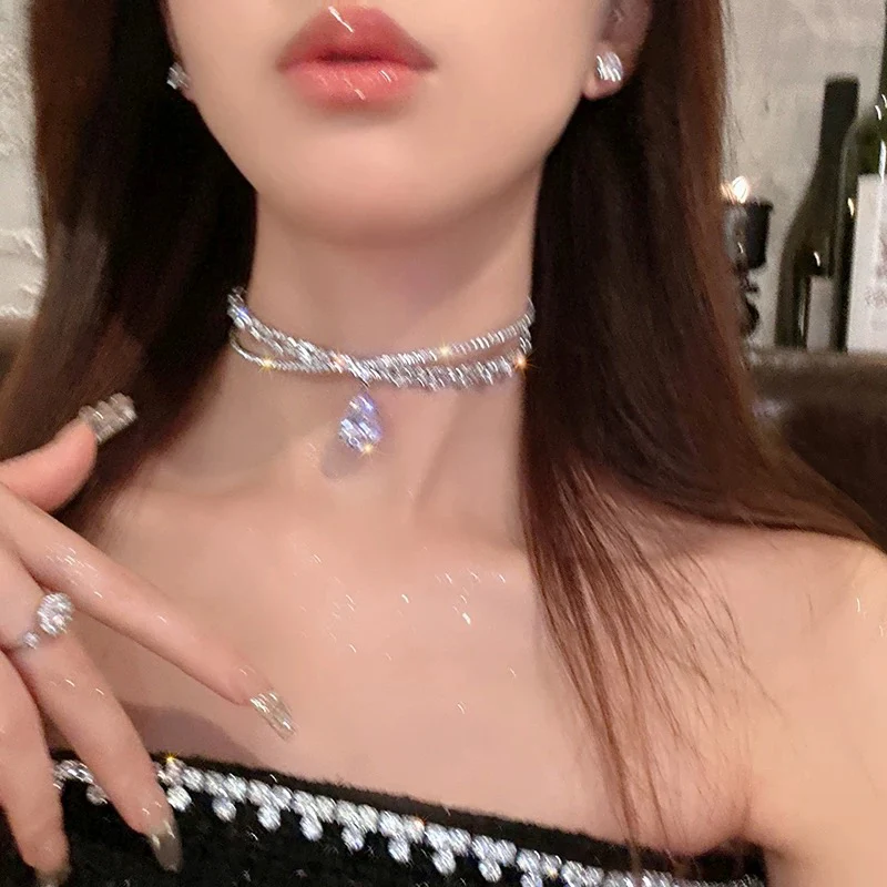 choker exaggerated flash diamond choker women's necklace high-end design niche clavicle chain necklace dinner party accessories - EHAORUI