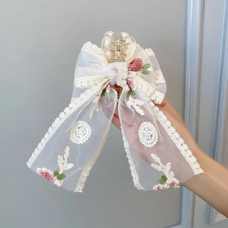 Small Fresh Lace Flower Bow Large Clip Women's Sweet Temperament Hairpin Super Fairy Internet Celebrity Hairpin Hair Accessories - EHAORUI