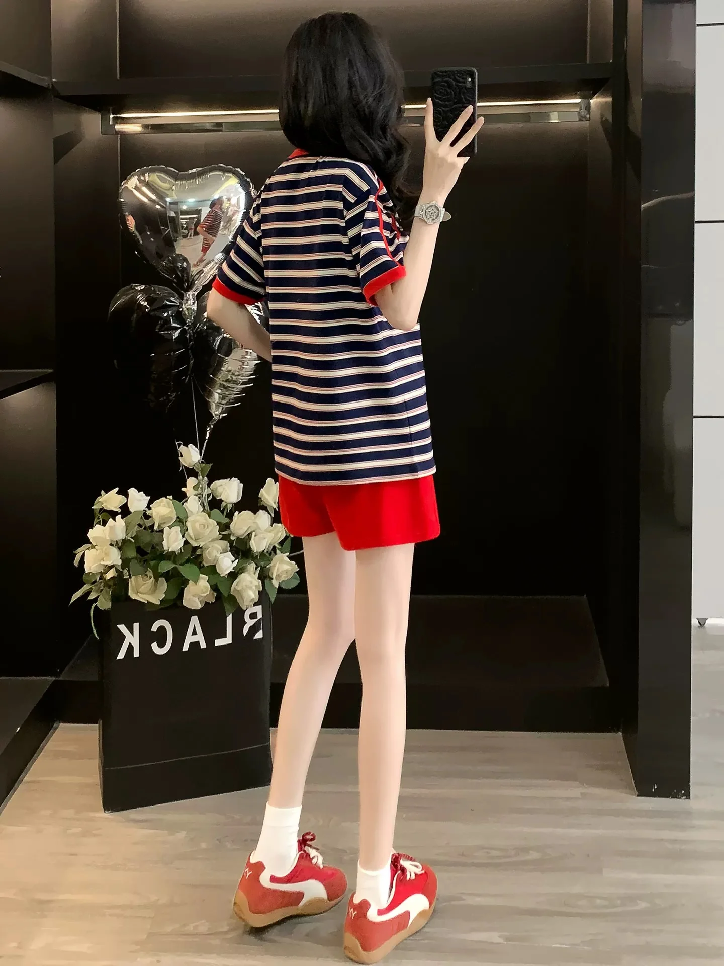 Casual fashion striped short-sleeved sports suit for women summer 2025 shorts two-piece suit loose trendy running to reduce age and make you look thinner - EHAORUI