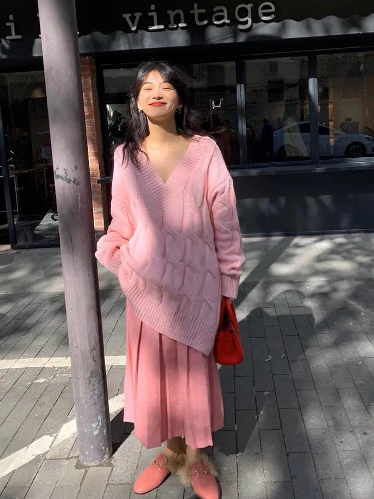 Luoluoxuanjie skirt women's autumn and winter 2021 new Korean version of the pink pleated skirt slim fit slim all-match A-line skirt - EHAORUI