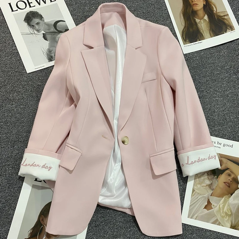 Pale pink embroidered suit jacket women's 2023 spring and autumn new Korean style fashion one button small man trend suit - EHAORUI