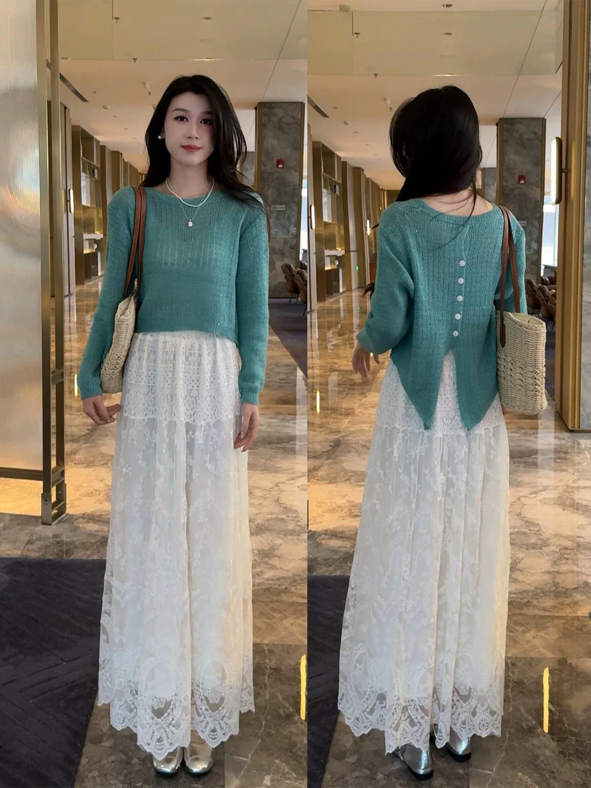 Back button design shiny silk long-sleeved blouse top lace skirt two-piece suit women's early spring new suit - EHAORUI