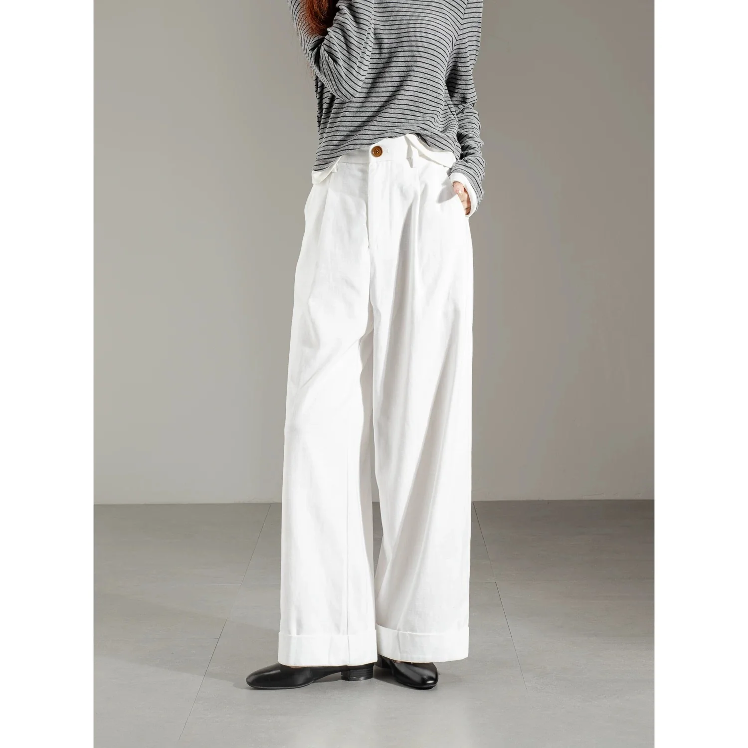 Commuter retro navy blue Tencel cotton rolled-edge casual pants for women autumn and winter elastic waist loose narrow version nine-point straight pants - EHAORUI