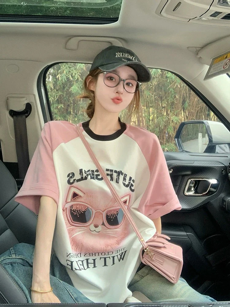 Pink raglan short-sleeved T-shirt for women in summer American loose sequined cat heavy print European goods large version top trend - EHAORUI
