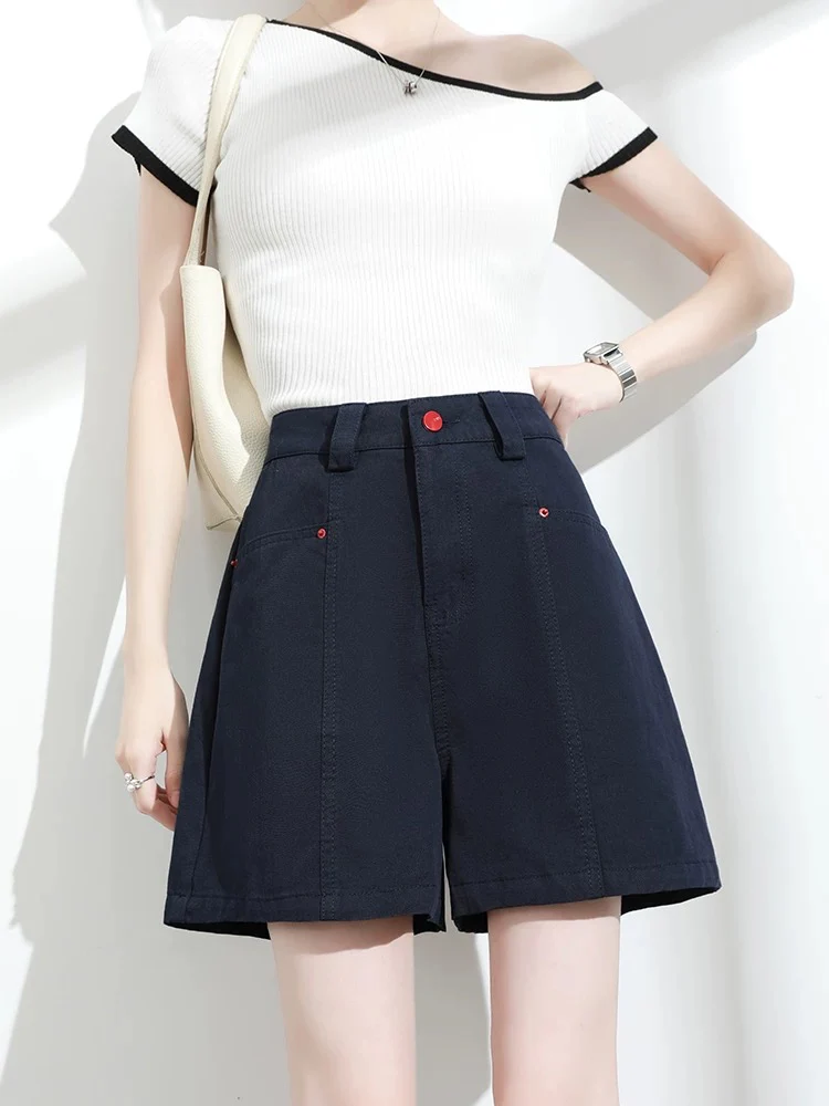 100% cotton denim shorts women 2025 summer thin high waist loose slim navy blue wide leg a-line hot pants - EHAORUI