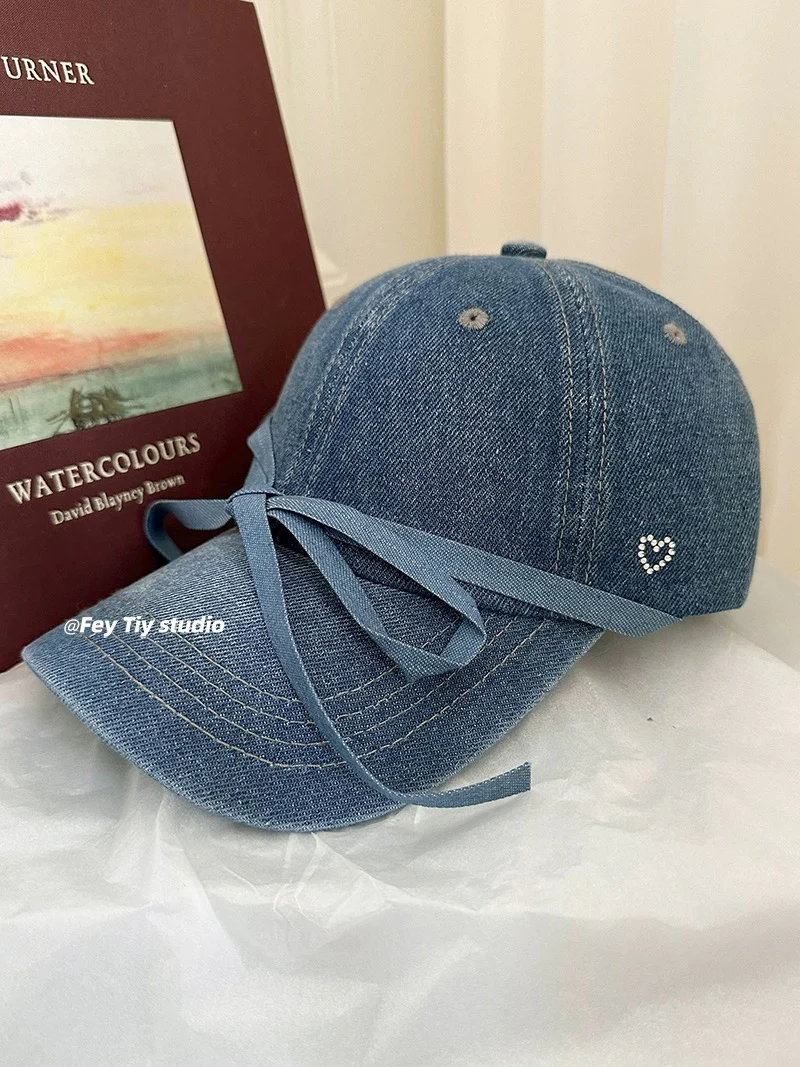 feytiy three-dimensional bow denim baseball cap strap versatile spring and summer sun protection casual Korean ins peaked cap - EHAORUI
