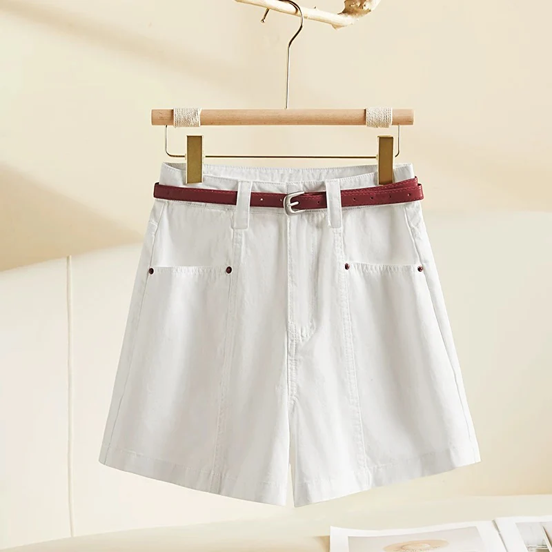 100% cotton denim shorts women 2025 summer thin high waist loose slim navy blue wide leg a-line hot pants - EHAORUI