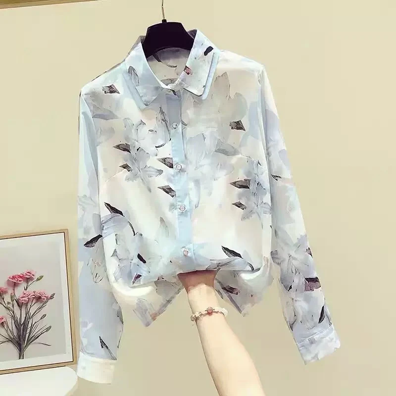 Women's clothing cutting label counter withdrawal foreign trade spring and autumn retro Hong Kong style floral long-sleeved chiffon shirt top women - EHAORUI
