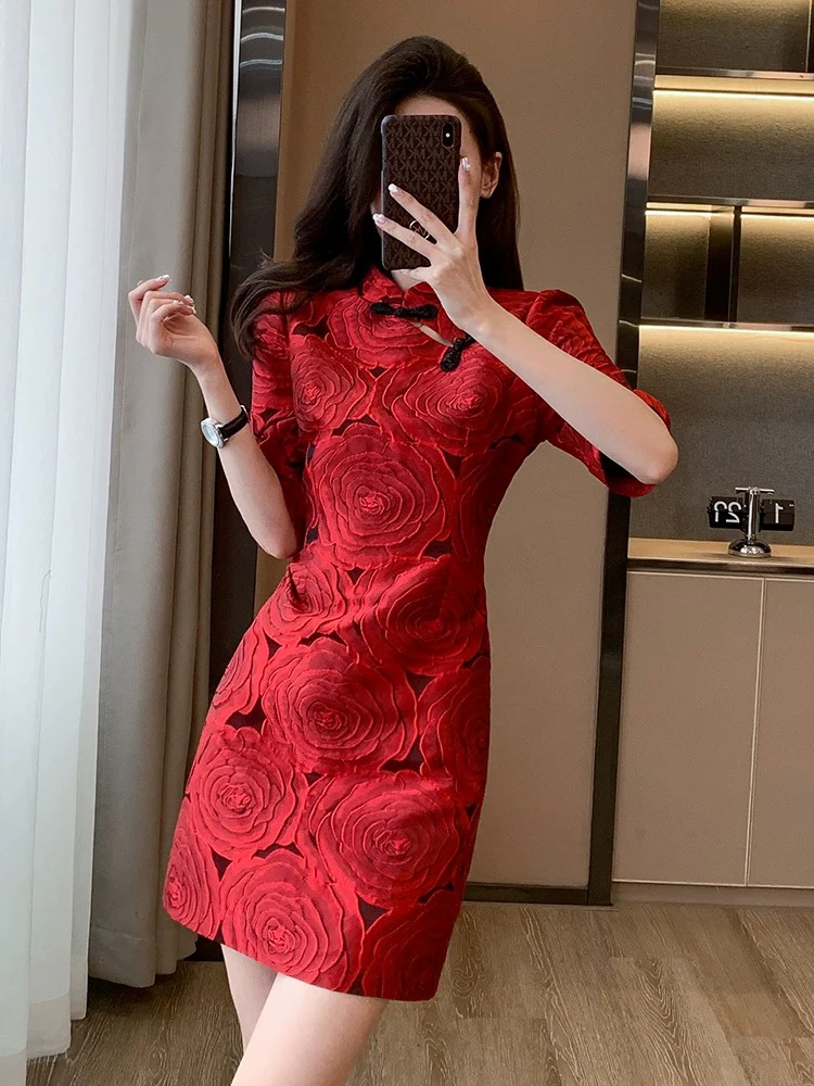 New Chinese style red jacquard dress for women spring 2024 new temperament small improved cheongsam skirt - EHAORUI